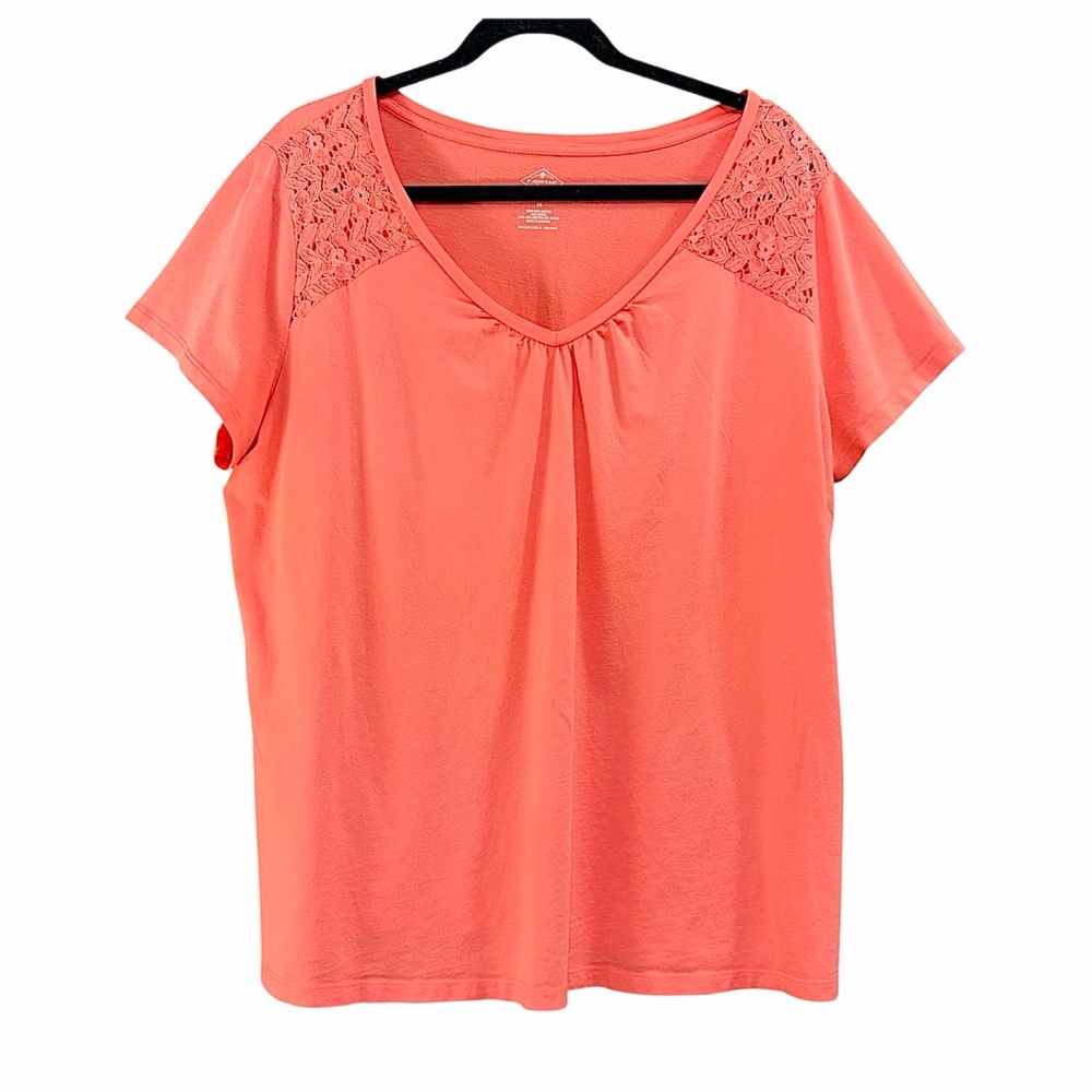 St. John's Bay Coral Short Sleeve V-Neck Tee with Lace Shoulders Size 1X